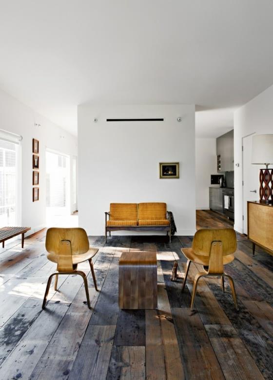 εσωτερική διακόσμηση σαλόνι μινιμαλιστική φυσική εμφάνιση ξύλινο πάτωμα με ξύλινα έπιπλα vintage