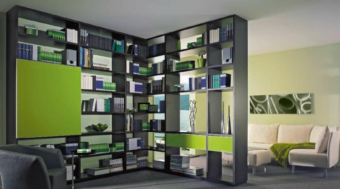 ιδέες διαχωριστικό δωματίου διαχωριστικό δωματίου κουρτίνα διαχωριστικό δωματίου ράφι λευκό διακοσμητικό τοίχο ράφι πράσινα στοιχεία