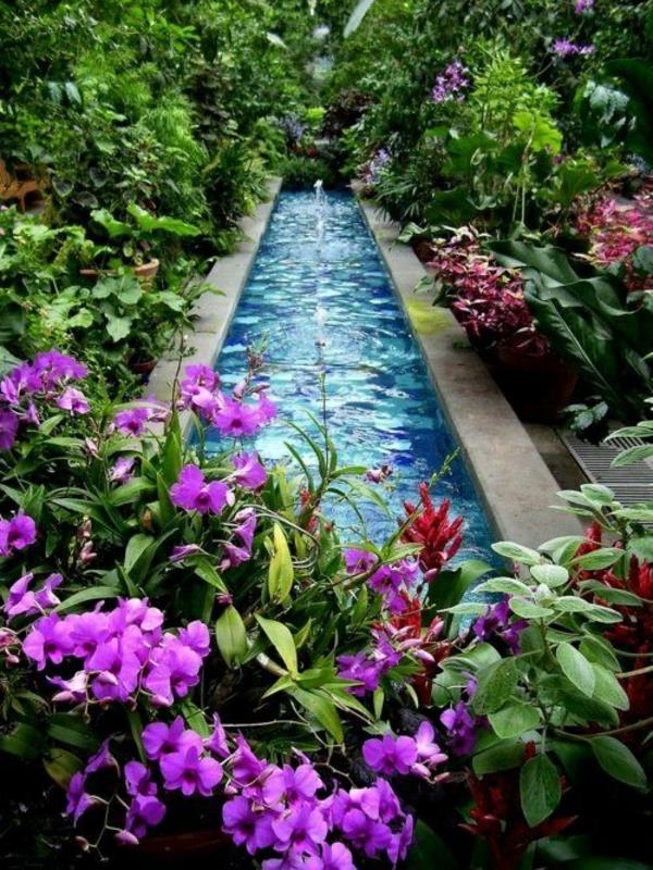 ορθογώνια πισίνα στον κήπο λουλούδια σχεδιασμού