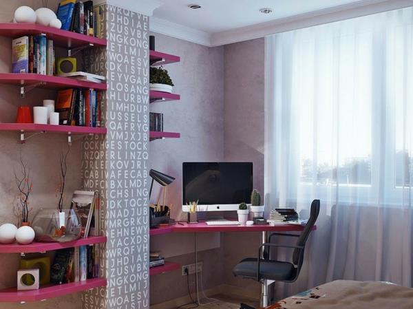 ράφια και γραφείο σε ροζ χρώμα με στήλη