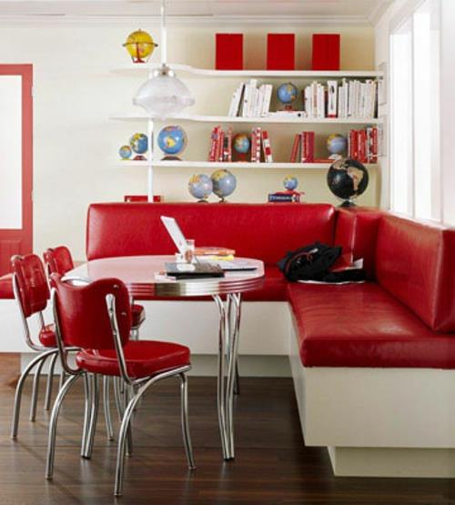ρετρό κουζίνα κόκκινα φωτεινά έπιπλα τραπεζαρία έπιπλα γωνιακός καναπές