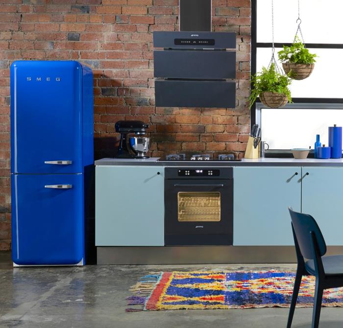 ρετρό ψυγείο μπλε χαλί όμορφο ντουλάπια κουζίνας κρεμαστά φυτά