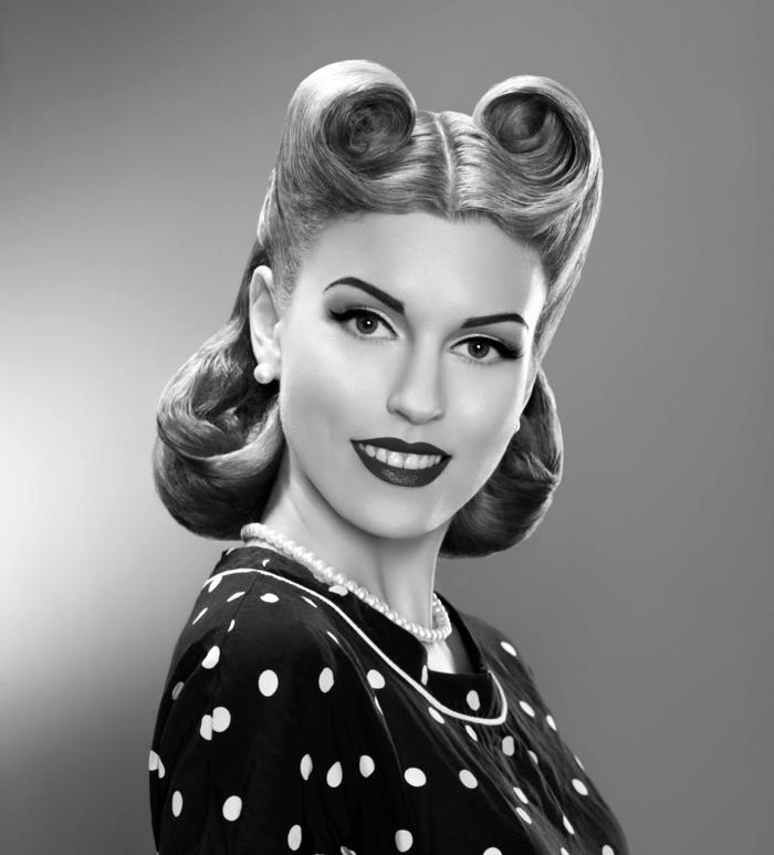 rockabilly χτενίσματα γυναίκες ρετρό εμφάνιση πουά φόρεμα vintage ρολά νίκης