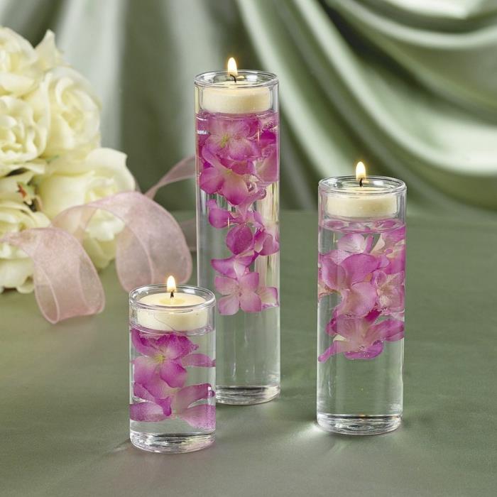 ρομαντική διακόσμηση διακοσμητικά γυάλινα μπολ που επιπλέουν κεριά ορχιδέες τεχνητά λουλούδια