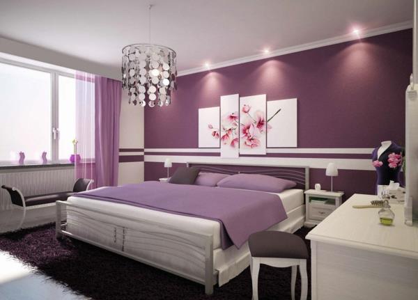 ρομαντικό υπνοδωμάτιο κομψό σχέδιο σε μοβ μανόλια