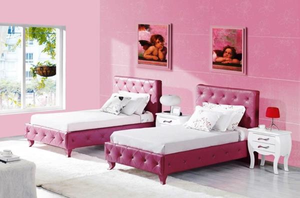 ροζ κρεβατοκάμαρα διπλά δερμάτινα κρεβάτια