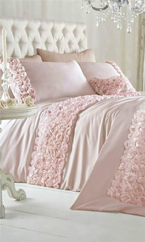 ροζ κρεβατοκάμαρα υφασμάτινα τριαντάφυλλα κρυστάλλινος πολυέλαιος