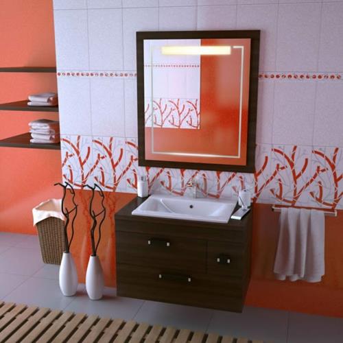 κόκκινο κεραμίδι μπάνιου τοίχος σχεδιασμός ξύλινος καθρέφτης νεροχύτης