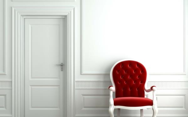 κόκκινη πολυθρόνα κομψή λευκή επίπλωση που ταιριάζει με το εσωτερικό