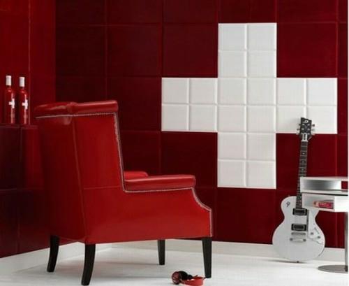 κόκκινη λευκή διακόσμηση εσωτερική γυαλιστερή δερμάτινη πολυθρόνα τετράγωνα καλύμματα τοίχου