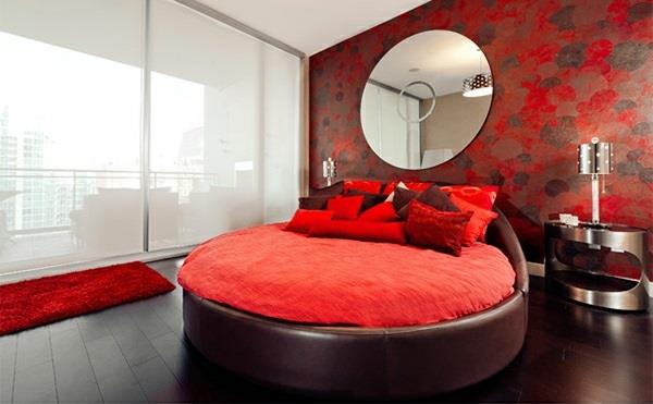 κόκκινο μαλακό κρεβάτι σχεδιασμός τοίχου χρώμα στρογγυλό καθρέφτη