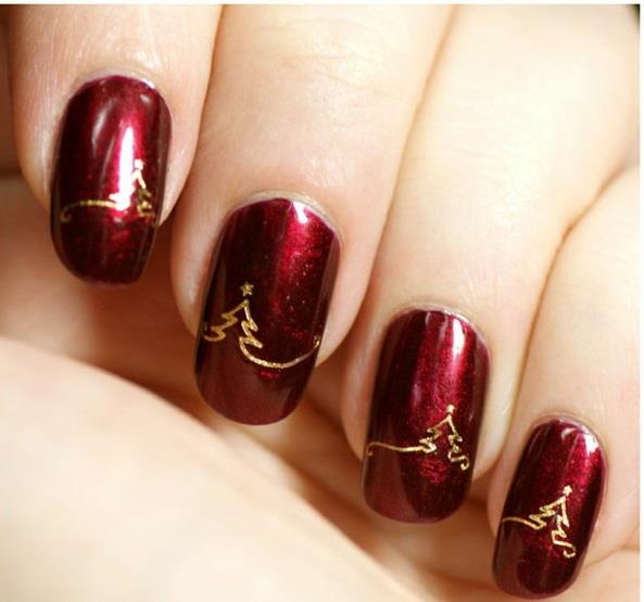 κόκκινα gel νύχια για Χριστούγεννα κόκκινα νύχια μοτίβα χρυσό χριστουγεννιάτικο δέντρο