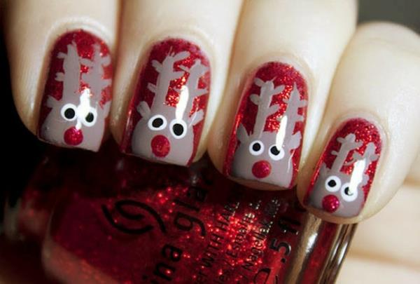 κόκκινα τζελ νύχια για Χριστούγεννα κόκκινα νύχια μοτίβα ελάφια
