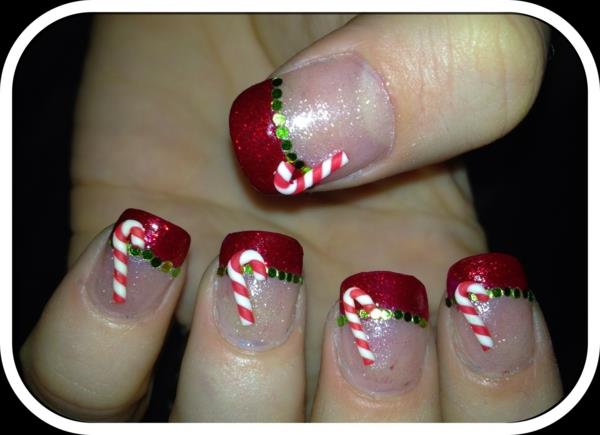 κόκκινα τζελ νύχια για Χριστούγεννα κόκκινα νύχια μοτίβα καραμέλες