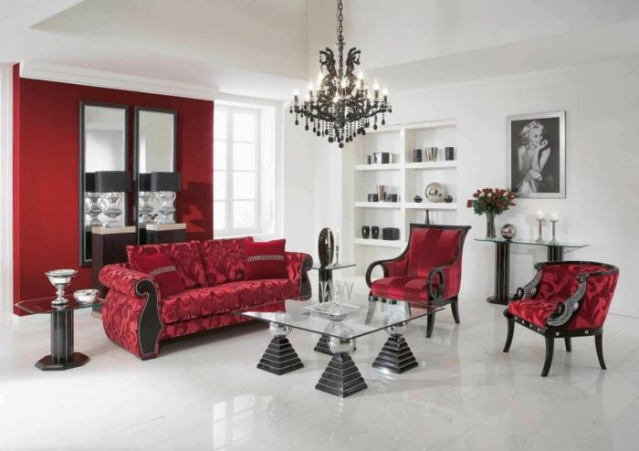 κόκκινοι καναπέδες πολυτελές σαλόνι γυάλινο τραπεζάκι σαλονιού