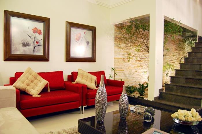 κόκκινοι καναπέδες σαλόνι με επίπλωση φρέσκων εικόνων διακοσμητικά αντικείμενα