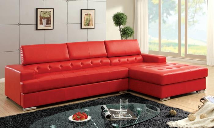 κόκκινοι καναπέδες σαλόνι γκρι χαλί γυάλινο οβάλ τραπεζάκι σαλονιού
