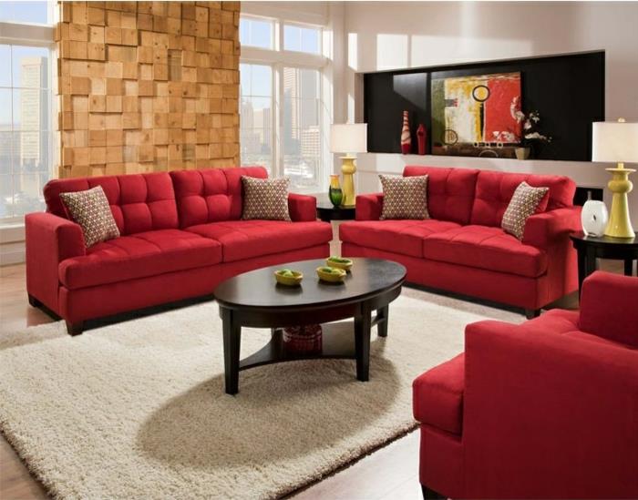 κόκκινοι καναπέδες σαλόνι όμορφο τοίχο προφοράς οβάλ τραπεζάκι σαλονιού