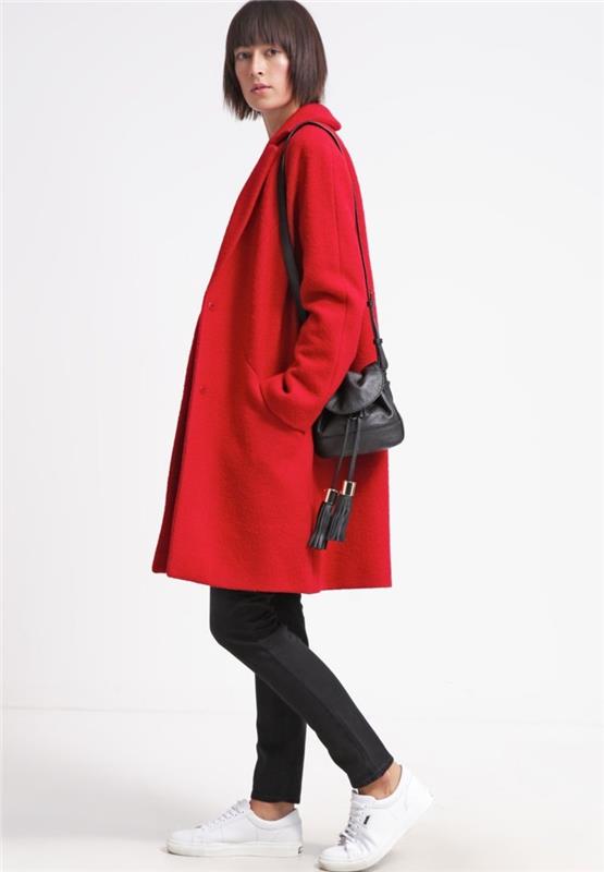 κόκκινο παλτό χειμερινό γυναικείο παλτό από μαλλί cacharel σε πλάγια όψη