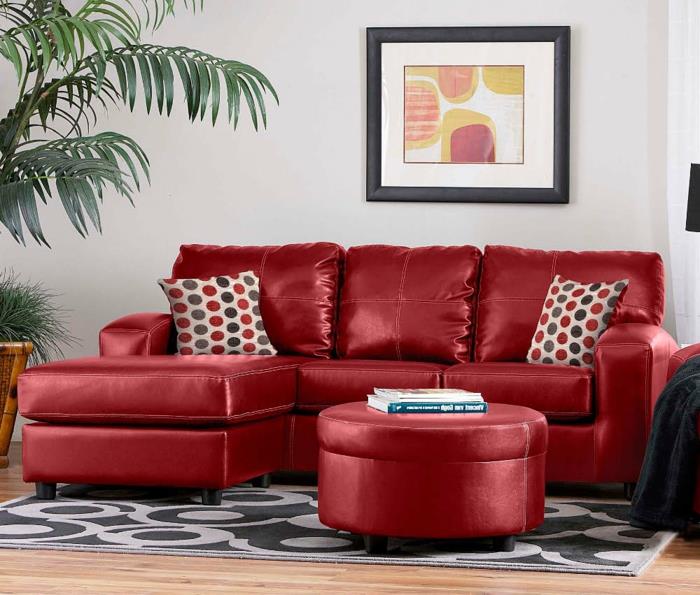 κόκκινος καναπές σαλόνι εσωτερικές ιδέες κομψό σχέδιο