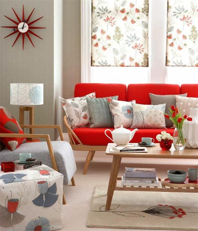 κόκκινο καναπέ σαλόνι χρωματιστό ρίξτε μαξιλάρια vintage