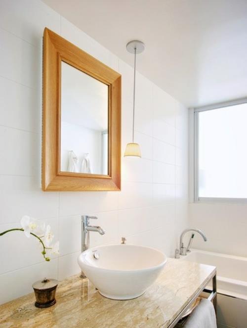 ήσυχο δροσερό σπίτι σχεδιασμός τσιμεντένιο πλαίσιο καθρέφτη ξύλινο μπάνιο