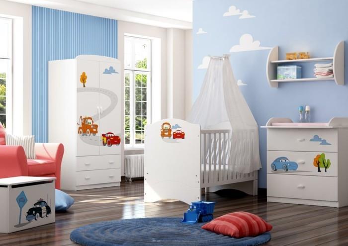 στρογγυλά χαλιά παιδικό δωμάτιο μωρά λωρίδες ταπετσαρία αυτοκίνητα εικόνες λευκά έπιπλα πορτοκαλί πολυθρόνες
