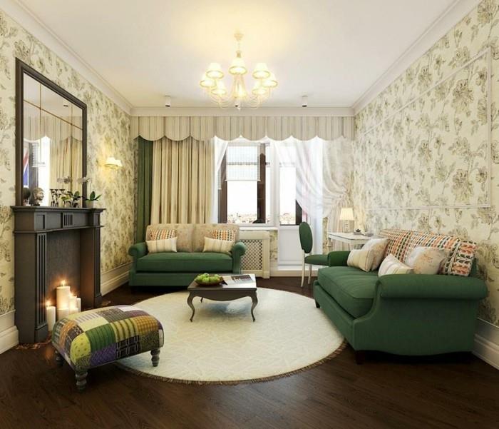 στρογγυλά χαλιά σαλόνι με επίπλωση πράσινους καναπέδες κεριά όμορφη ταπετσαρία τοίχου