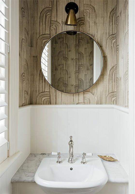 στρογγυλό καθρέφτη μπάνιου ασυνήθιστη ιδέα σχεδιασμού τοίχου μικρού μπάνιου