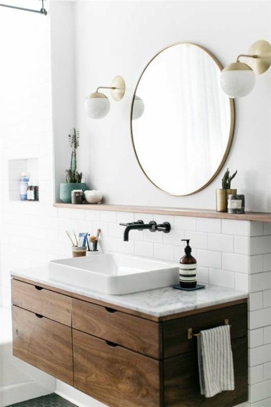 στρογγυλό σχέδιο καθρέφτη μπάνιου λευκά πλακάκια μπάνιου μοντέρνα μονάδα ματαιοδοξίας