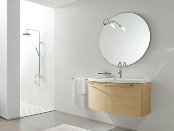 στρογγυλό καθρέφτη μπάνιου μοντέρνο σχεδιασμό μπάνιου ανοιχτόχρωμη μονάδα ματαιοδοξίας