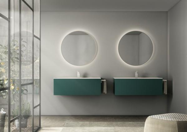 στρογγυλό καθρέφτη μπάνιου μοντέρνο σχεδιασμό μπάνιου ουδέτερα χρώματα