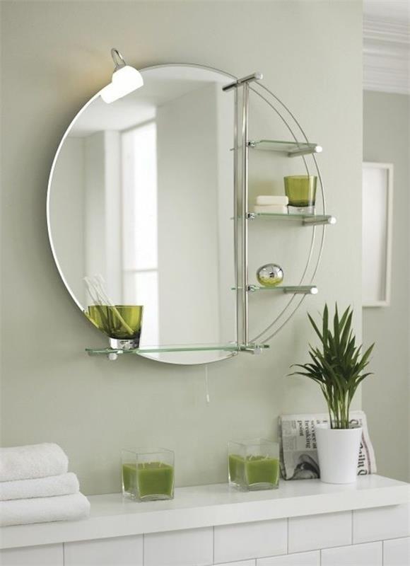 στρογγυλός καθρέφτης μπάνιου μοντέρνος σχεδιασμός χώρος αποθήκευσης ανοιχτό πράσινο χρώμα τοίχου