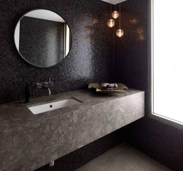 στρογγυλό καθρέφτη μπάνιου όμορφο σχέδιο τοίχου σκούρα χρώματα