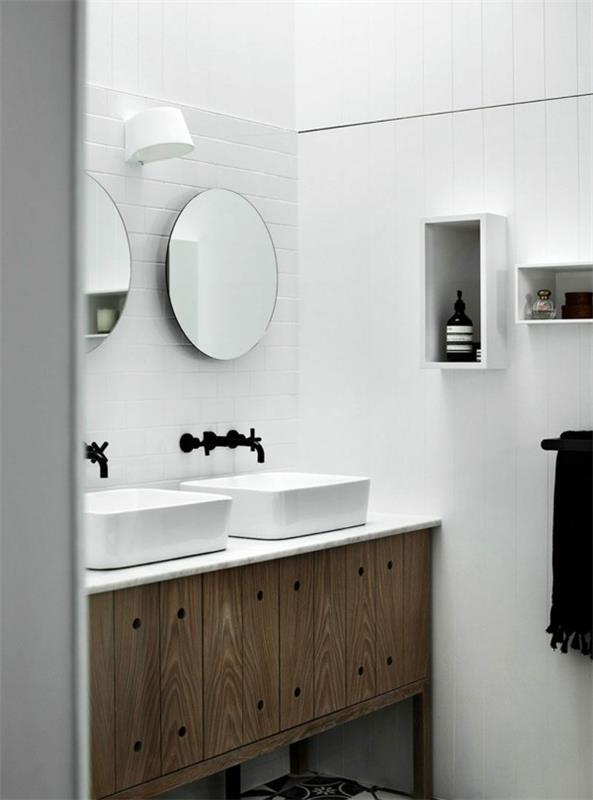 στρογγυλό καθρέφτη μπάνιου κομψή μονάδα ματαιοδοξίας λευκοί τοίχοι