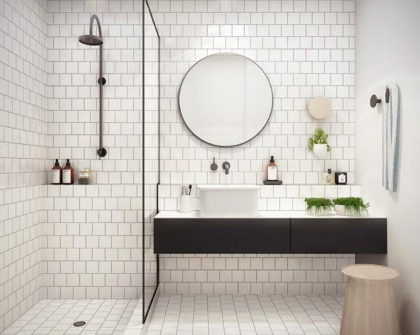 στρογγυλό καθρέφτη μπάνιου λευκά πλακάκια τοίχου ντους γυάλινο τοίχο πλαϊνό τραπέζι