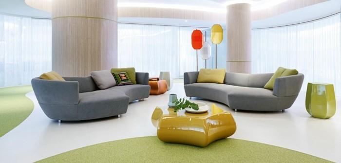 στρογγυλός καναπές γκρι στρογγυλοί καναπέδες φανταχτερό κίτρινο τραπεζάκι σαλονιού όμορφο δάπεδο