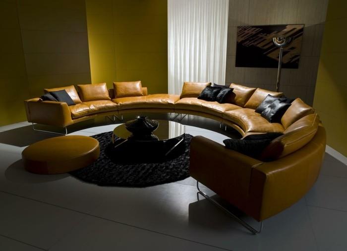 στρογγυλός καναπές κομψός δερμάτινος καναπές μαύρο χαλί