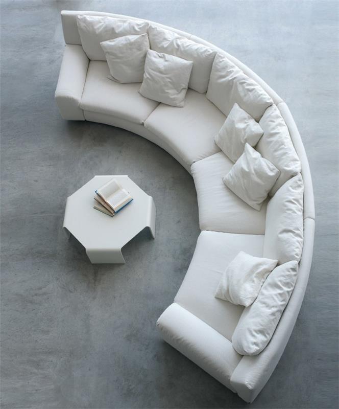 στρογγυλό καναπέ λευκό στρογγυλό καναπέ λευκό μαξιλάρια λευκό τραπεζάκι σαλονιού