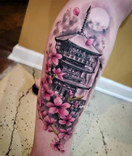 sakura άνθος κερασιού τατουάζ κάτω πόδι με ναό