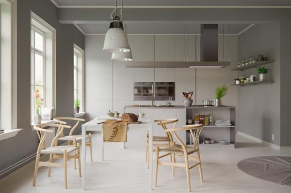 scandi κουζίνα που στήνει λευκό τραπέζι φαγητού και σχεδιάζει καρέκλες σε μέγεθος