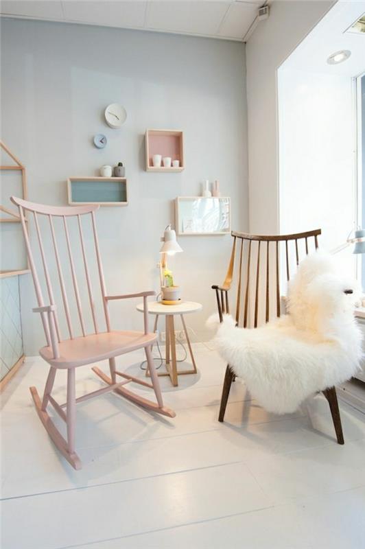 σπίτι ανακαίνιση ροκ καρέκλα ροζ εσωτερική διακόσμηση παστέλ αποχρώσεις ρολόι τοίχου