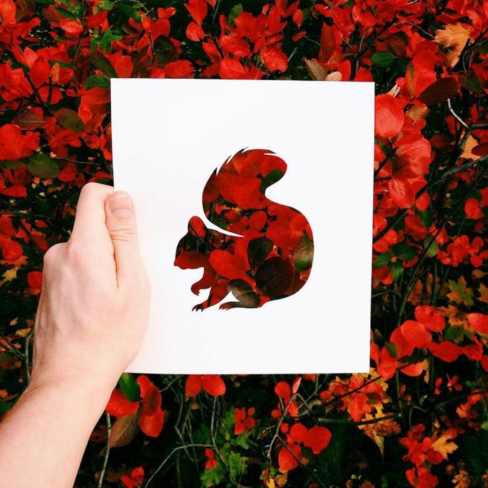 Χαρτί κομμένο πρότυπο σκίουρος κόκκινα φύλλα φθινοπώρου