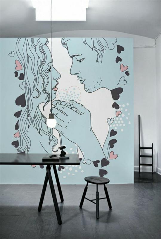 κομψή διακόσμηση τοίχου με ένα φιλί υπερμεγέθη σε γαλάζιο