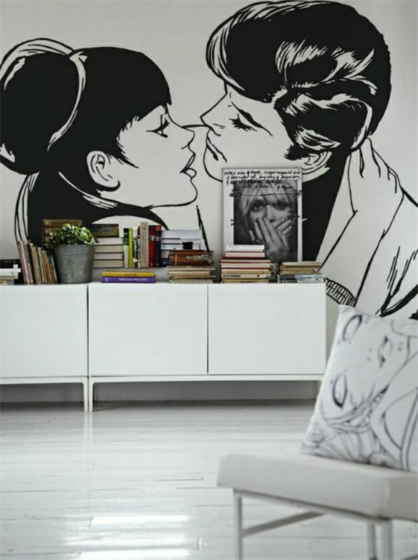 κομψή διακόσμηση τοίχου με φιλί σε ασπρόμαυρους κωμικούς χαρακτήρες