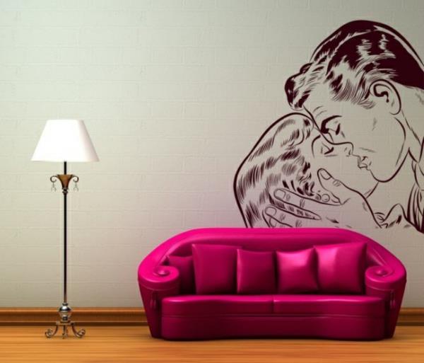 κομψή διακόσμηση τοίχου με πολυτελές καναπέ kiss magenta