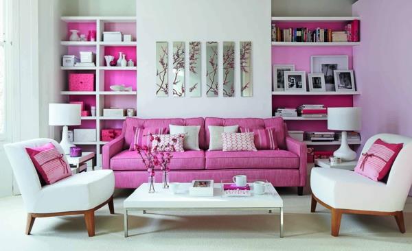 κομψό σαλόνι με επίπλωση πολυθρόνας σχεδιασμός καναπέ λευκό ροζ