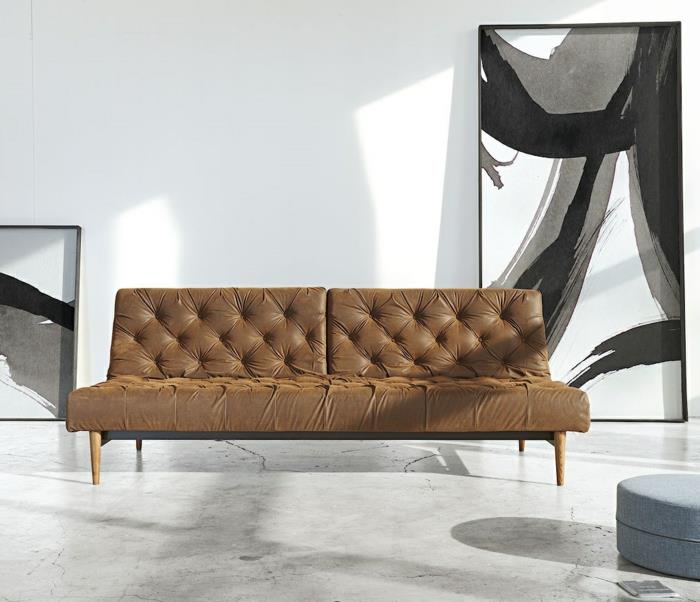 καναπές κρεβάτι σχεδιασμός δερμάτινες vintage ανοιχτές καφέ ιδέες διαβίωσης