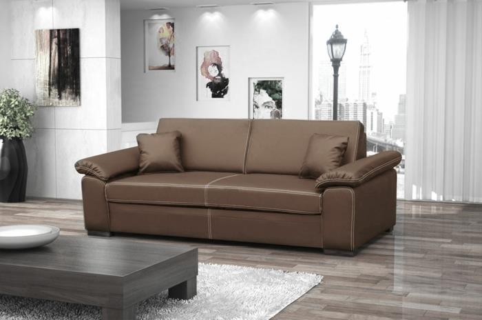 καναπές κρεβάτι σχεδιασμός δερμάτινος καναπές καφέ σαλόνι επιπλωμένο αέρινες κουρτίνες