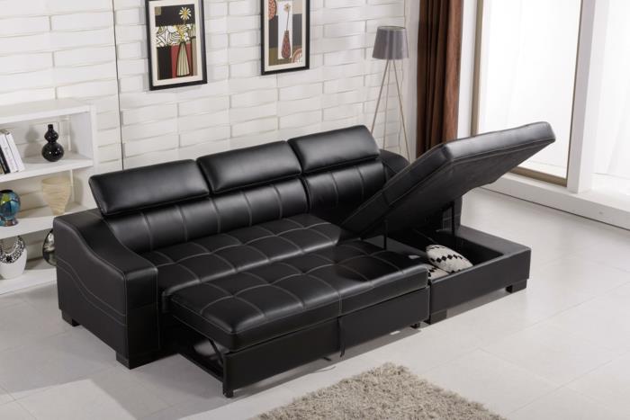 καναπές κρεβάτι σχεδιασμός μαύρος δερμάτινος χώρος αποθήκευσης πρακτικός